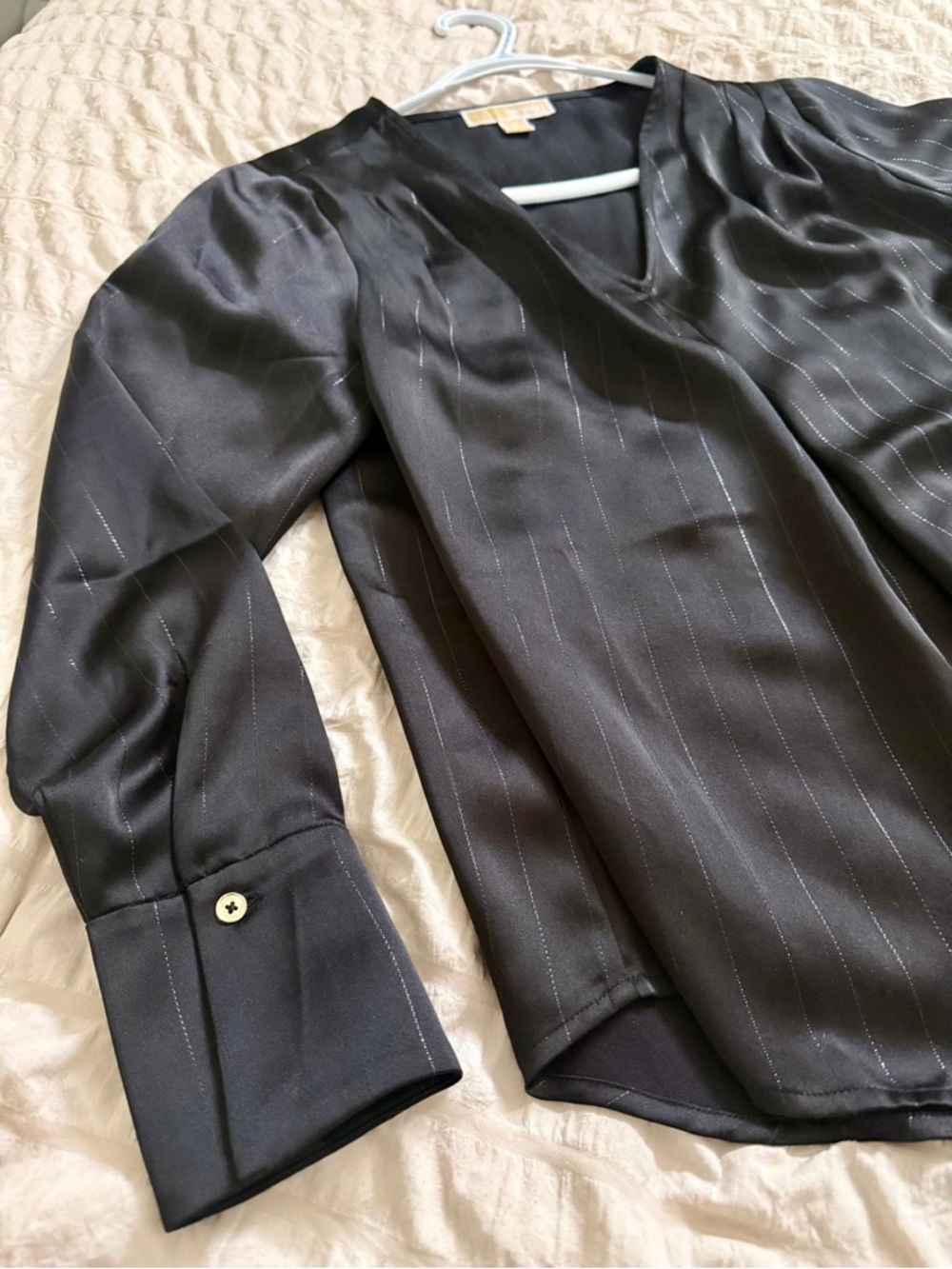 Michael Kors Black Satin V-Neck Blouse with Metallic Pinstripes - Picture 2 of 3